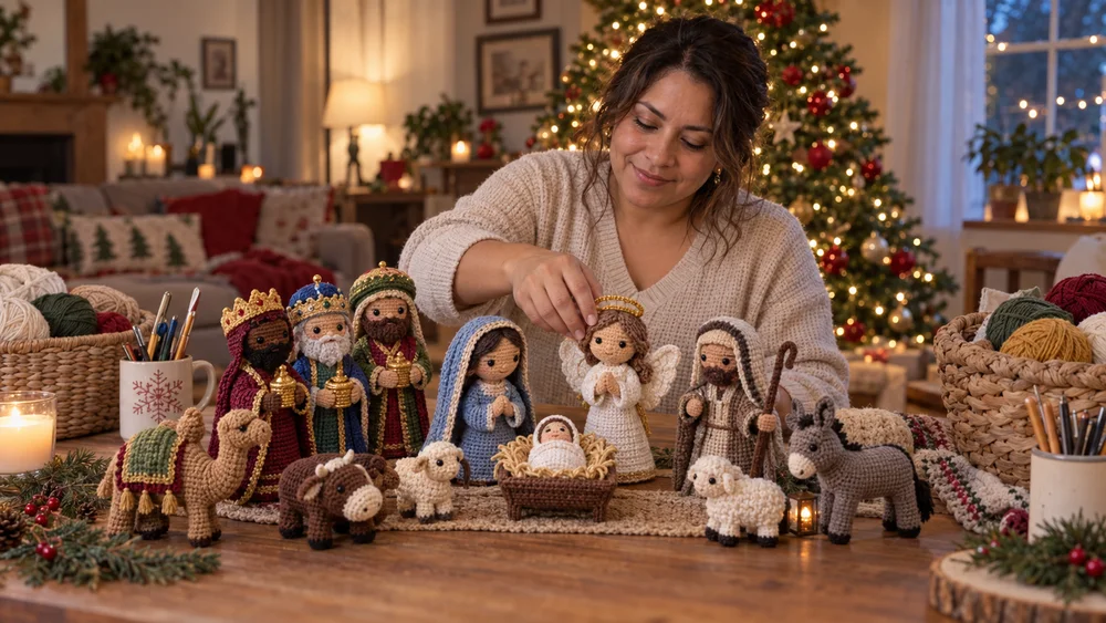 Artesana organizando una escena completa del pesebre en amigurumi
