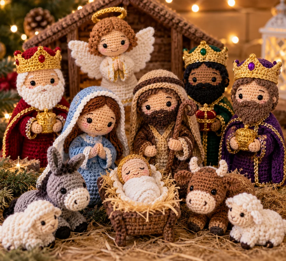 Escena completa del pesebre en amigurumi