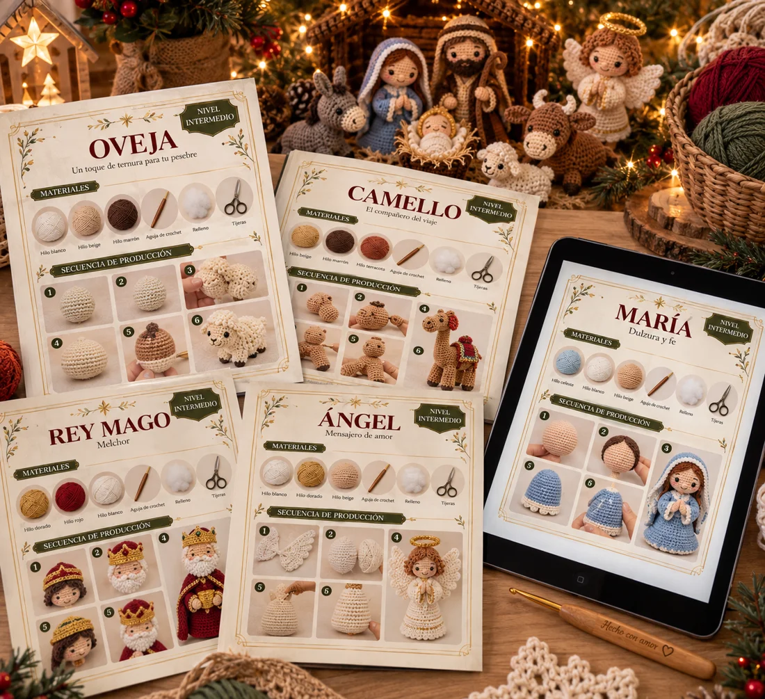 Páginas impresas y en tablet del Pesebre de Hilos