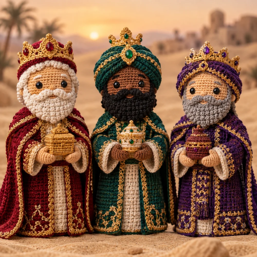 Reyes Magos en el desierto en amigurumi