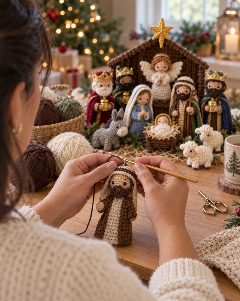Artesana tejiendo un pastor con la escena completa del pesebre de fondo